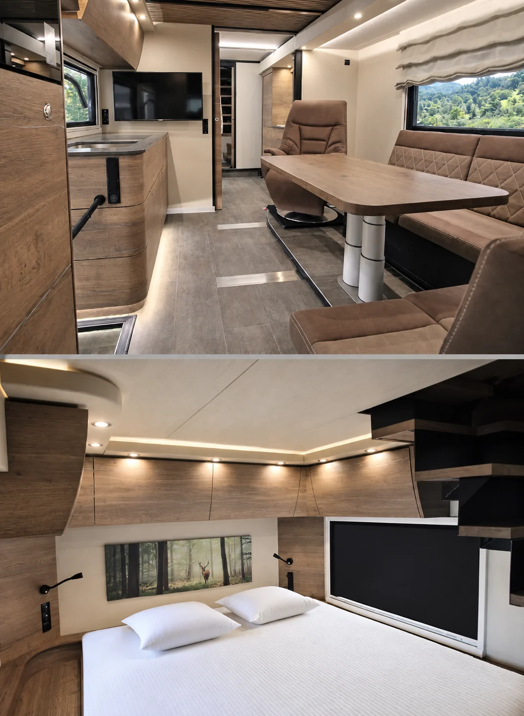 Salon et chambre de l'ATventure 1070, visuels du constructeur retouchés par IA