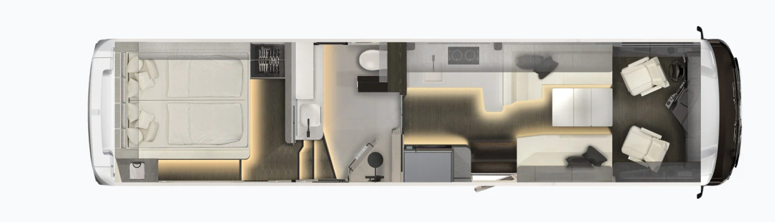 Plan du Concorde Centurion 1050 GI avec banquette en L, assise opposée et chambre arrière