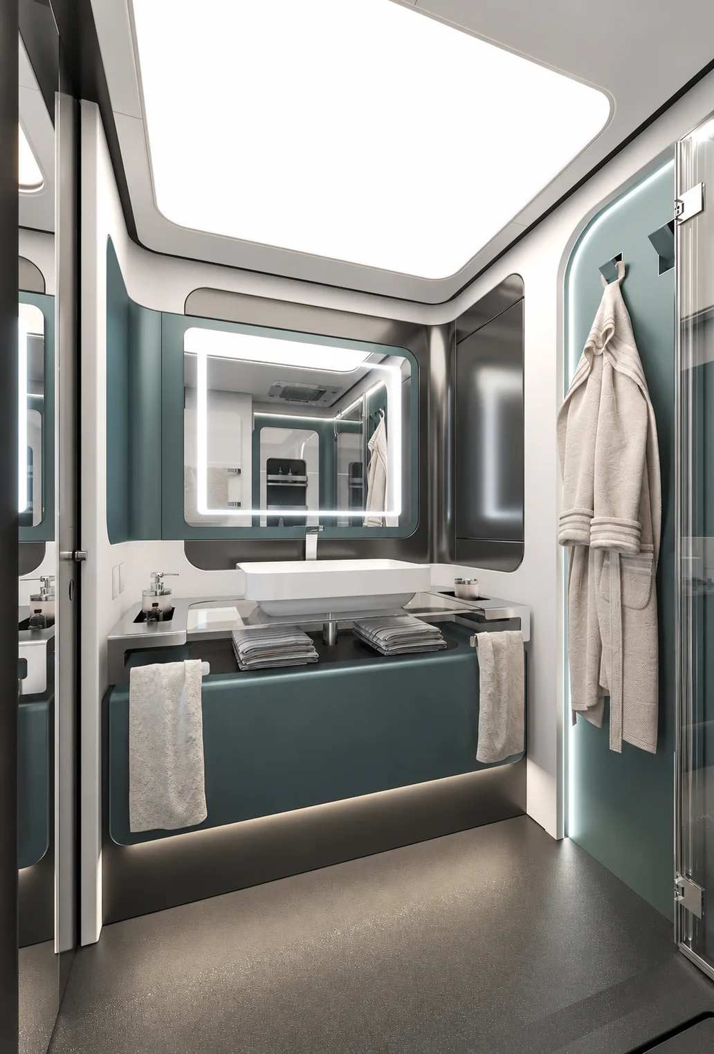 Salle de bains du Dembell Elite en ambiance Petrol, avec vasque, miroir éclairé et douche vitrée