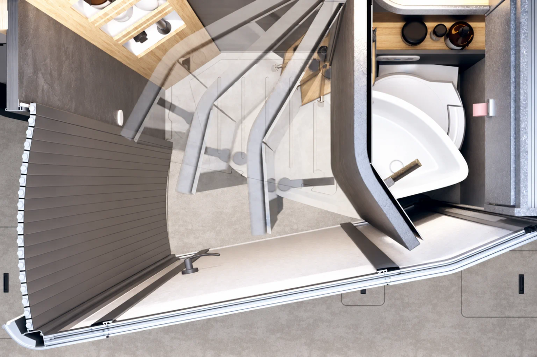 Salle d'eau Vario Spa du HYMER Venture S vue du dessus avec espace douche déployé