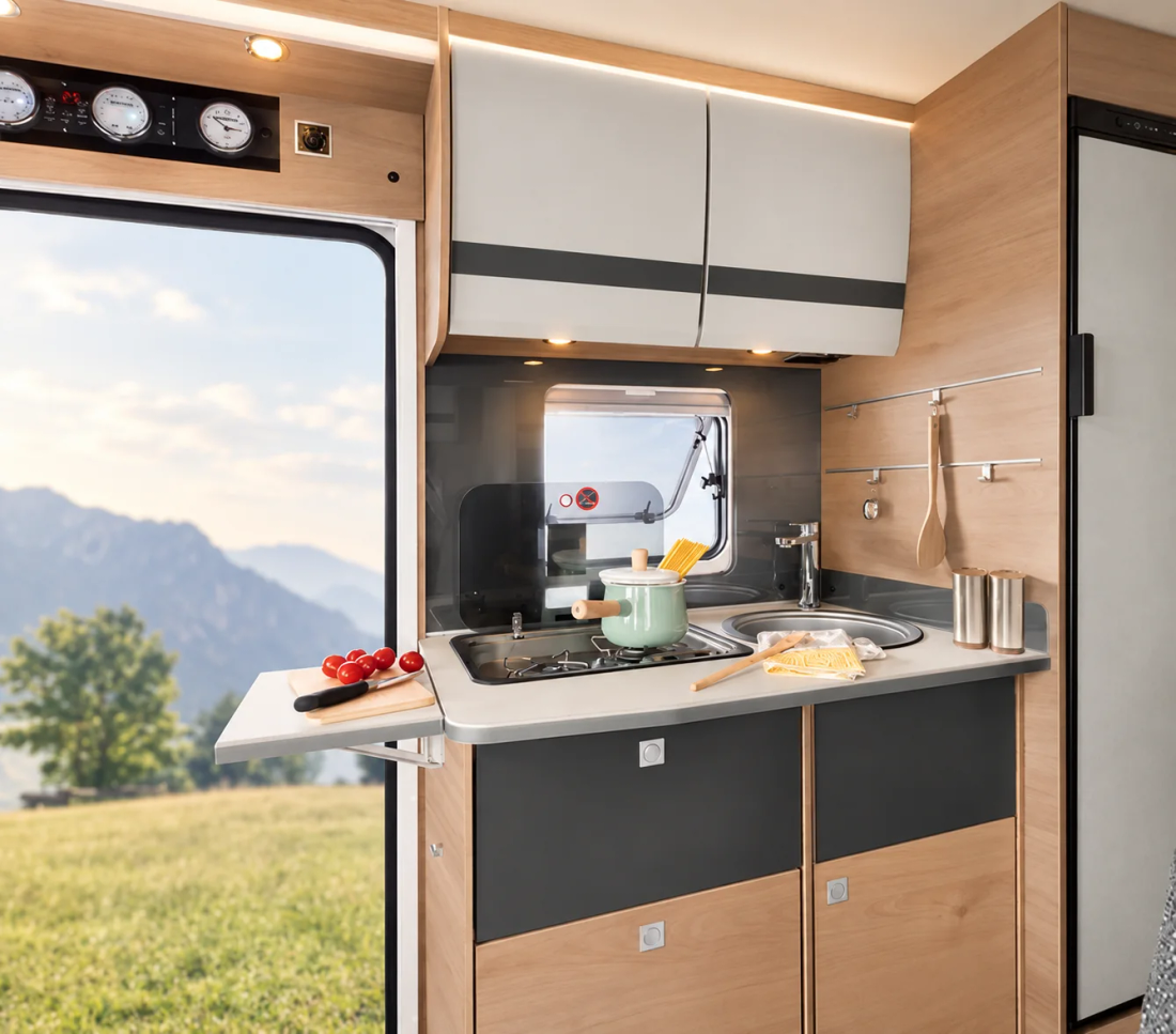 Cuisine du Globebus avec rallonge de plan de travail, évier et grands tiroirs