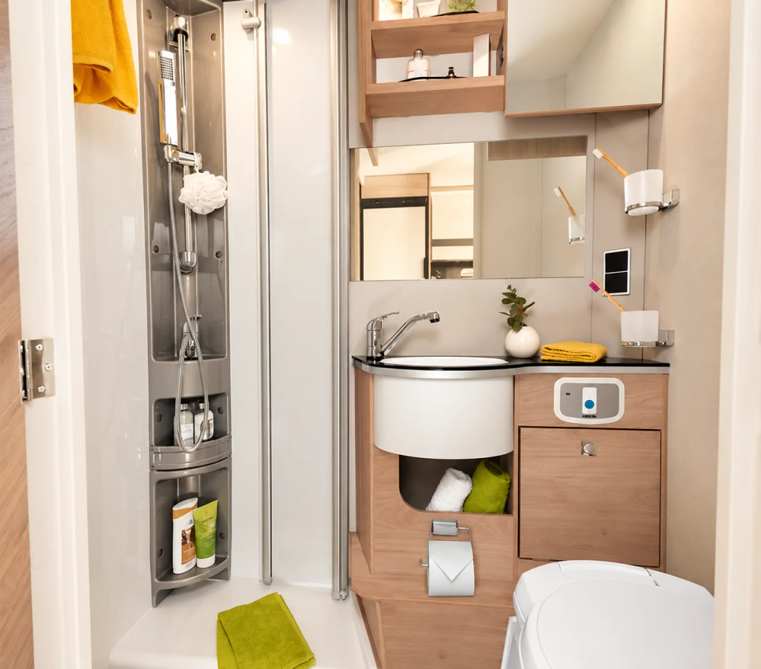 Salle d'eau du Globebus, avec lavabo, rangements et paroi de douche