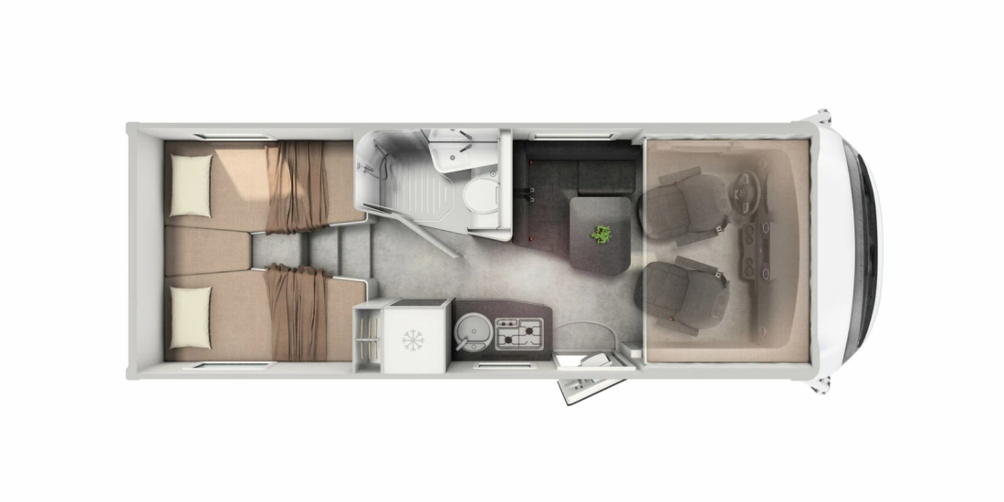 Plan du HYMER B-MC I 580 avec salon avant, cuisine latérale, salle d'eau et lits jumeaux