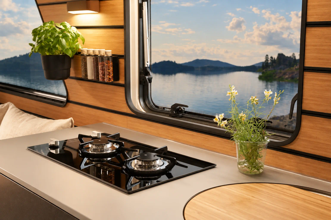 Cuisine du HYMER Venture S avec deux feux à gaz, évier recouvert d'une planche en bois et fenêtre sur le paysage