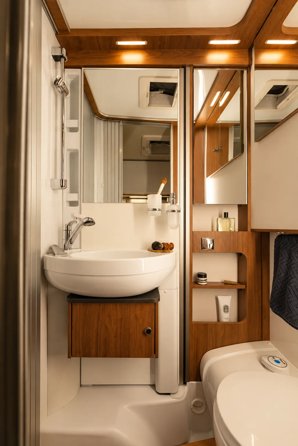 Salle d'eau du Laika Titanio L 2009, avec lavabo, miroir et rangements intégrés