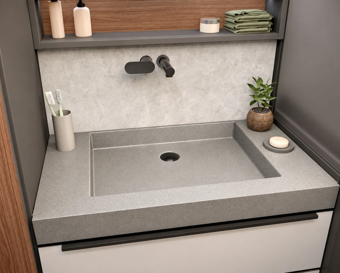 Salle de bain du Flair avec sa vasque et ses parois contemporaines
